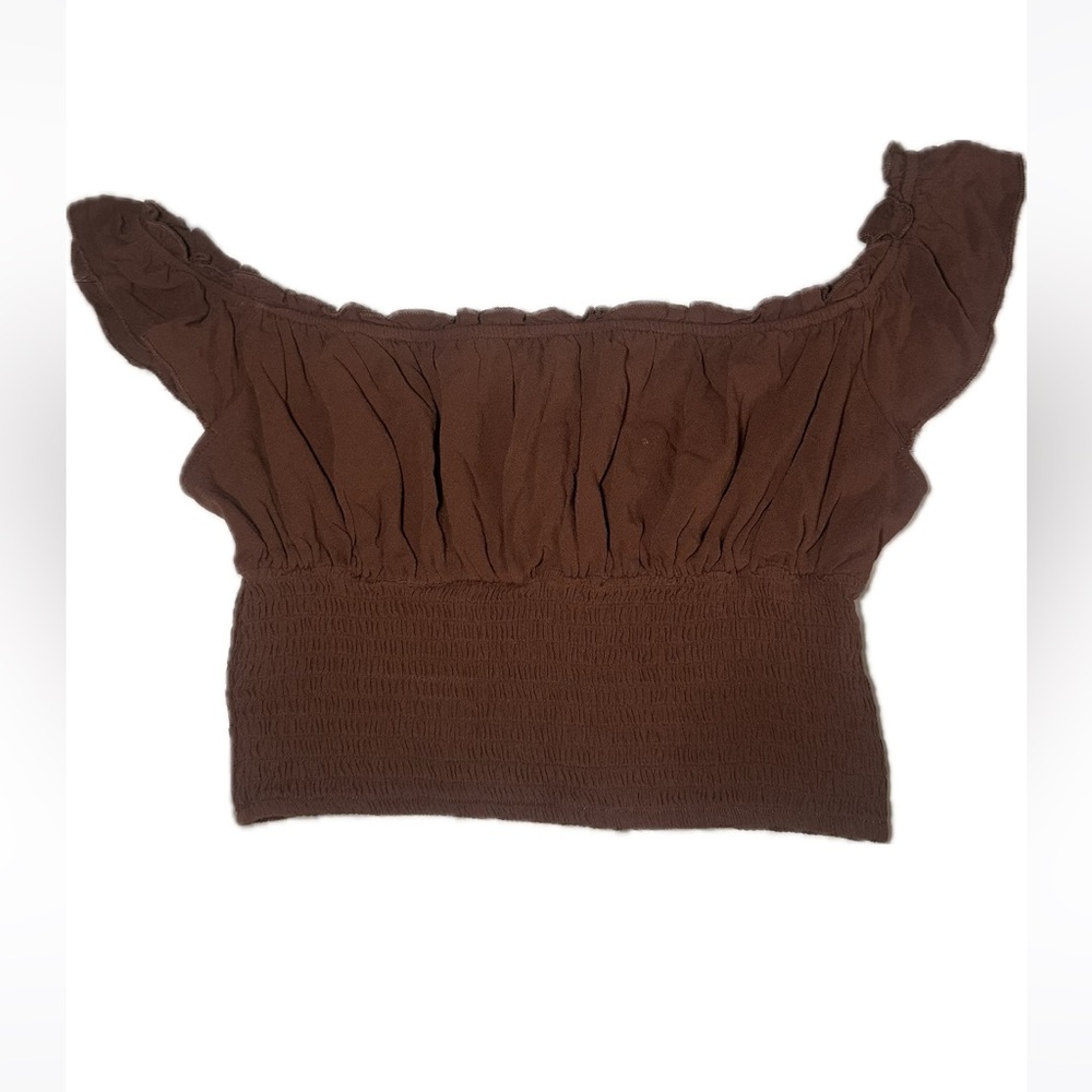 Brown Off the Shoulder Ribbed Crop Top